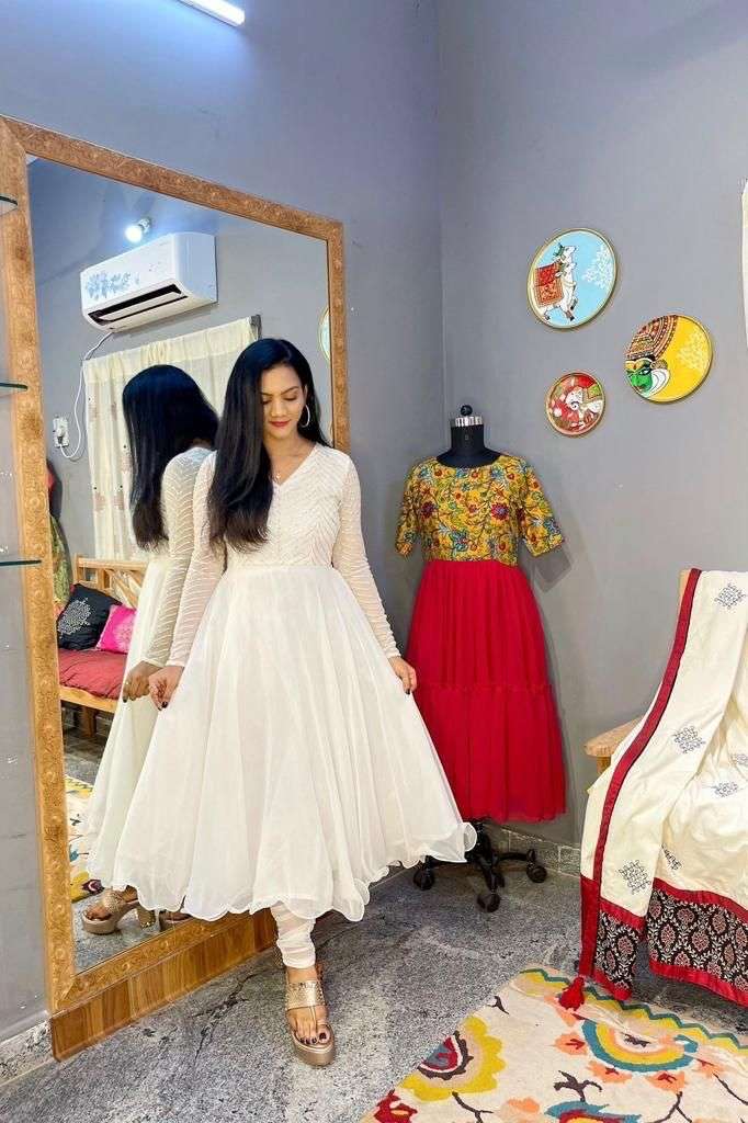 Georgette Anarkali with silver jari embroidery work for the yoke