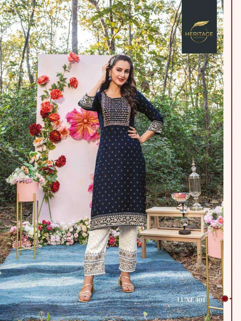 heritage luxe vol 4 series 401-406 rayon slub kurti 