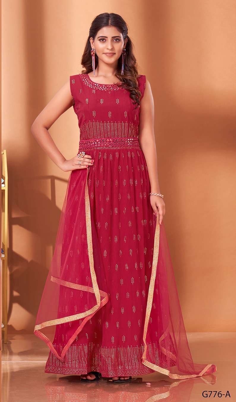 pr g 776 georgette crush mirror work gown