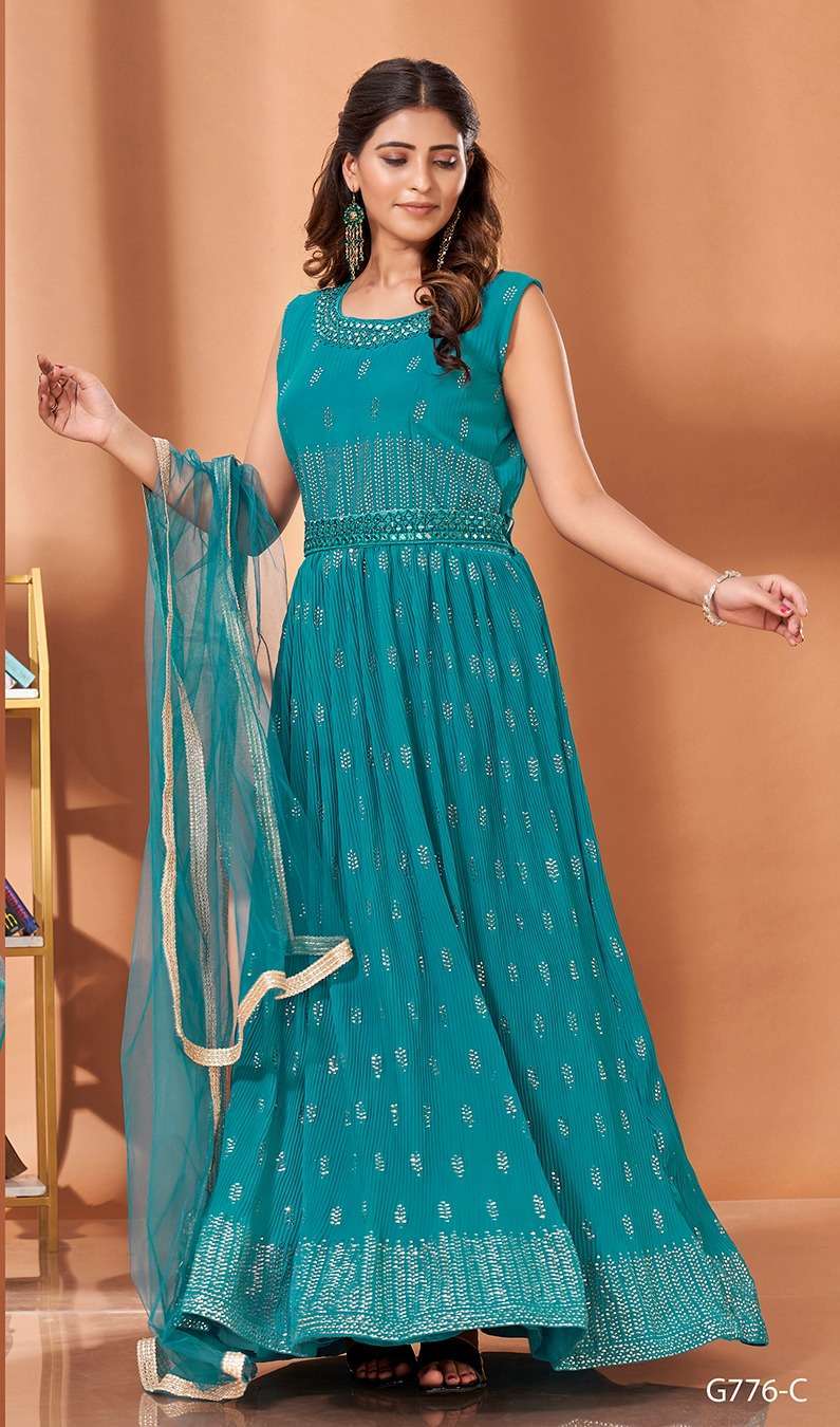 pr g 776 georgette crush mirror work gown