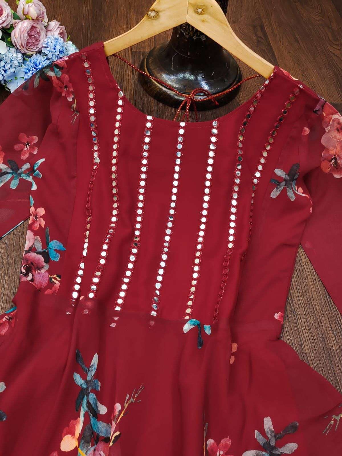 x-lady mirrors n florals designer faux georgette gown 