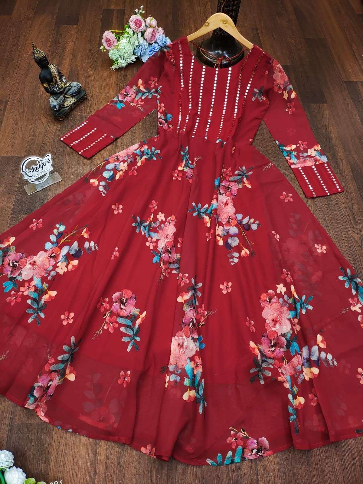 x-lady mirrors n florals designer faux georgette gown 