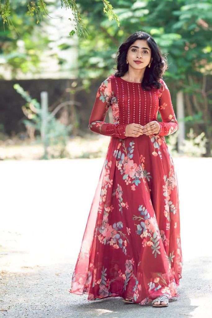 x-lady mirrors n florals designer faux georgette gown 