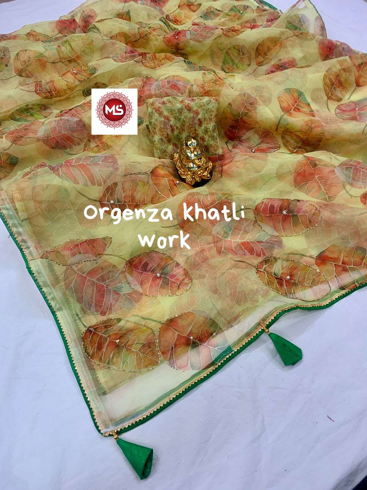 Ms brand organza digital print khatli work saree 