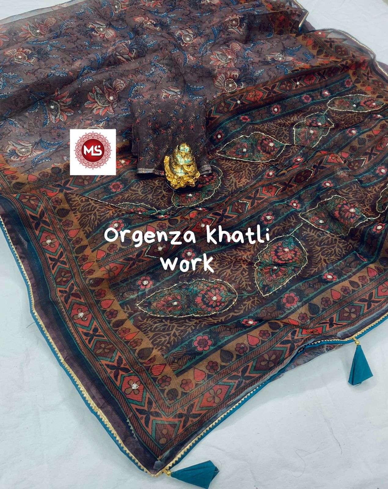 Ms brand organza digital print khatli work saree 