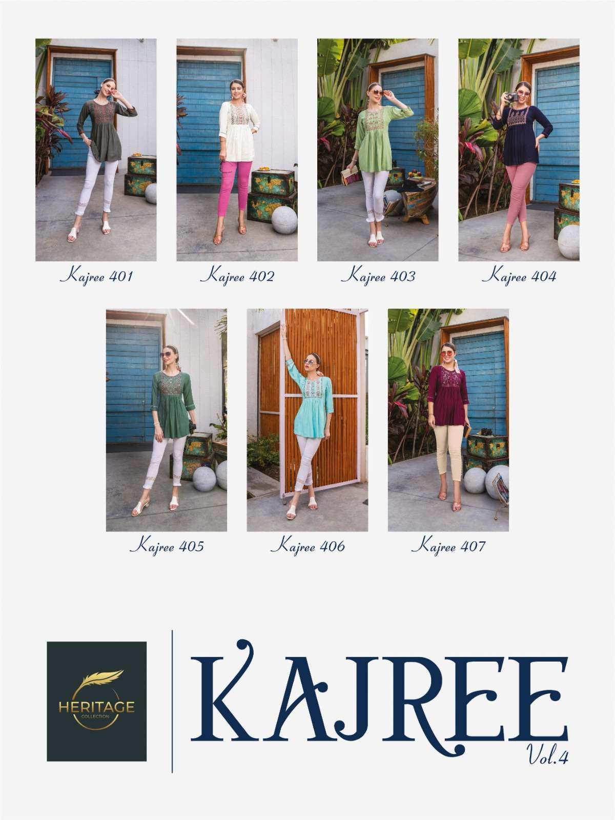 heritage kajree vol 4 series 401-407 rayon slub kurti 