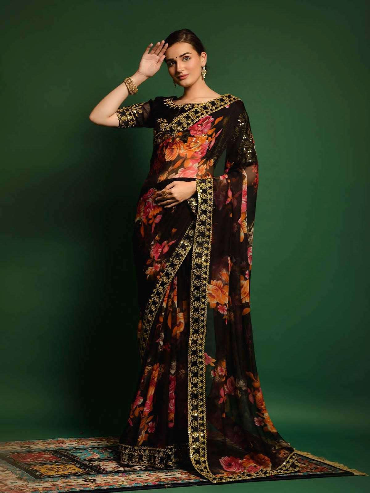 Kelly Floral Print Organza Saree with Lace Border
