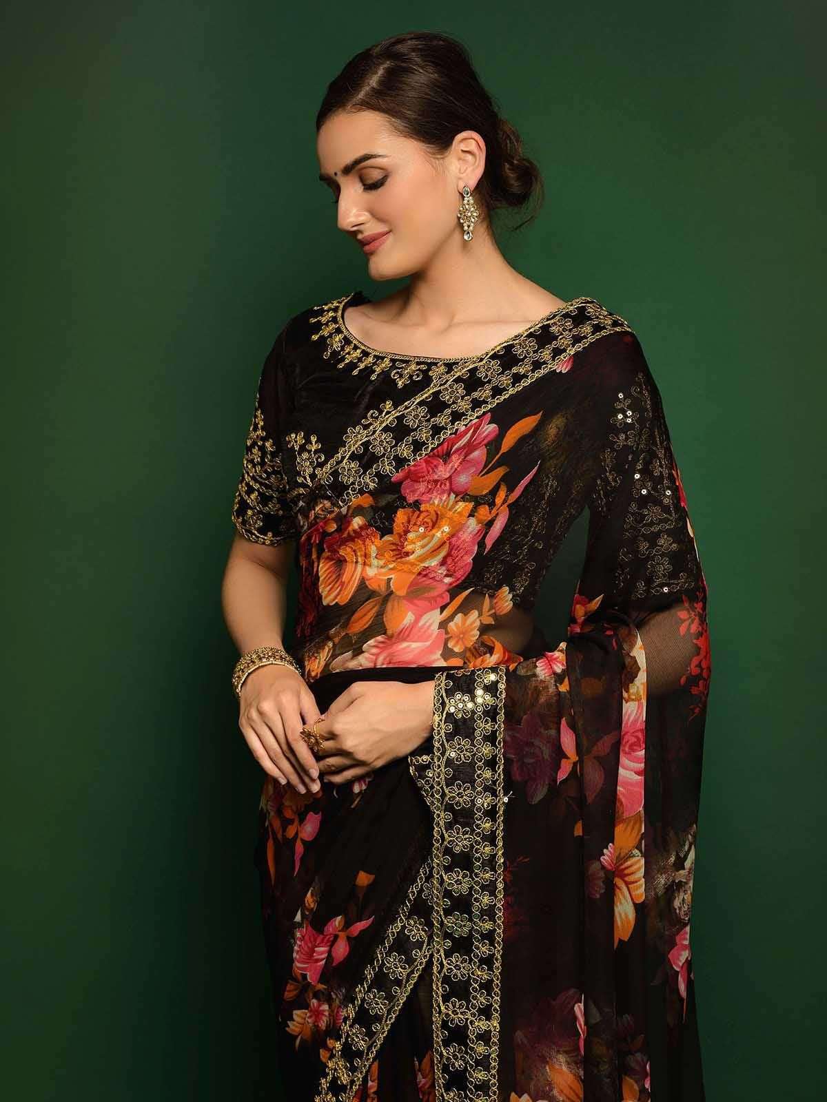 Kelly Floral Print Organza Saree with Lace Border