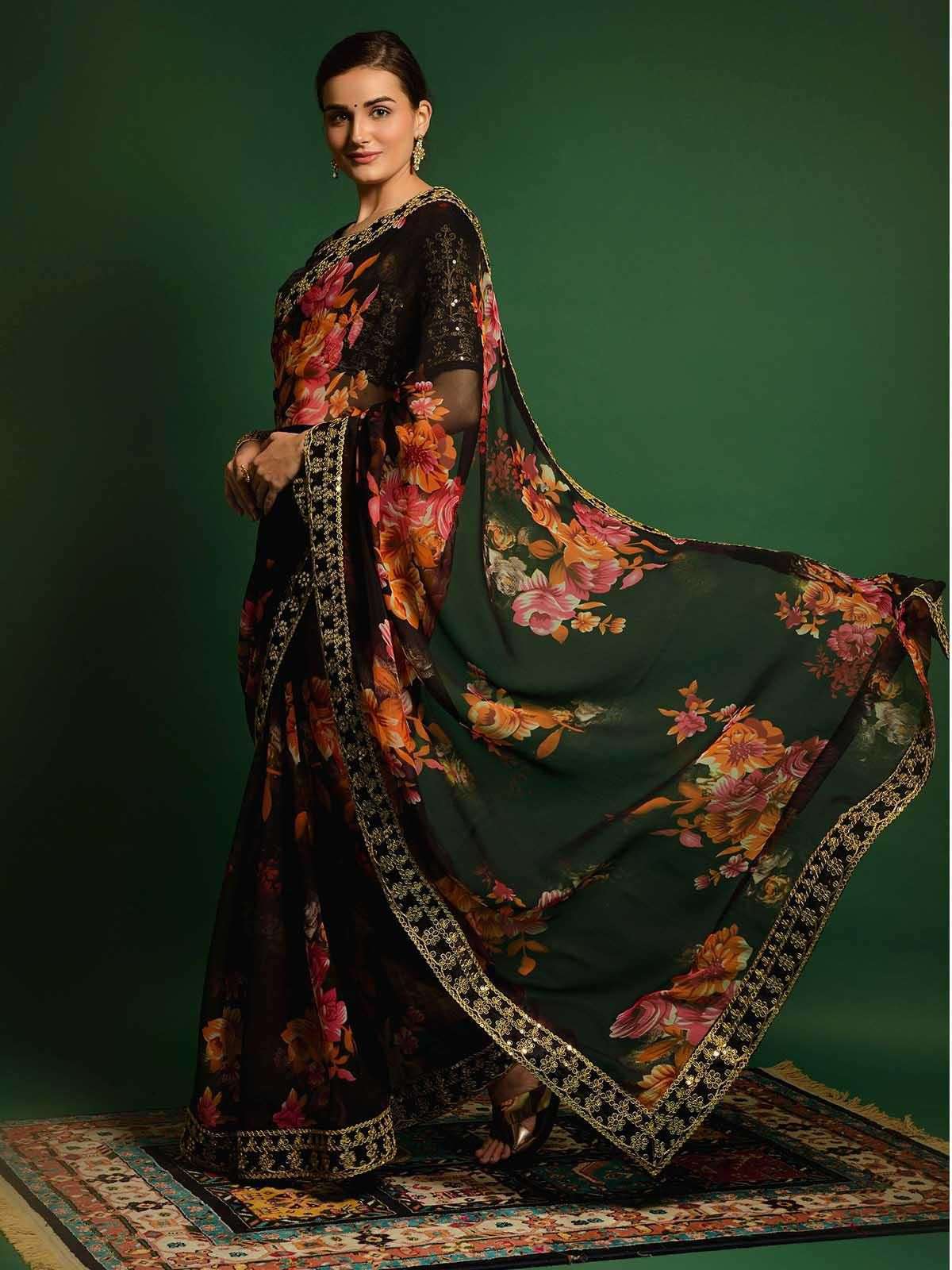 Kelly Floral Print Organza Saree with Lace Border