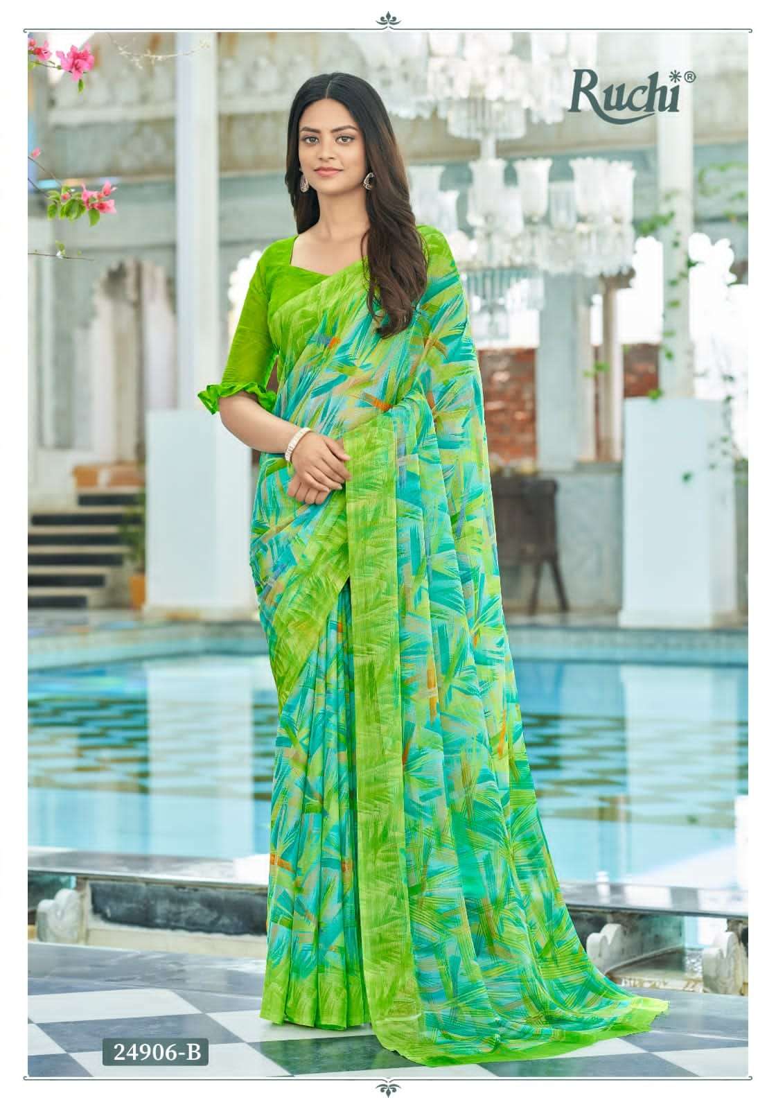 Jungle green abstract-style unique designs digital printed designer chiffon  casual wear saree