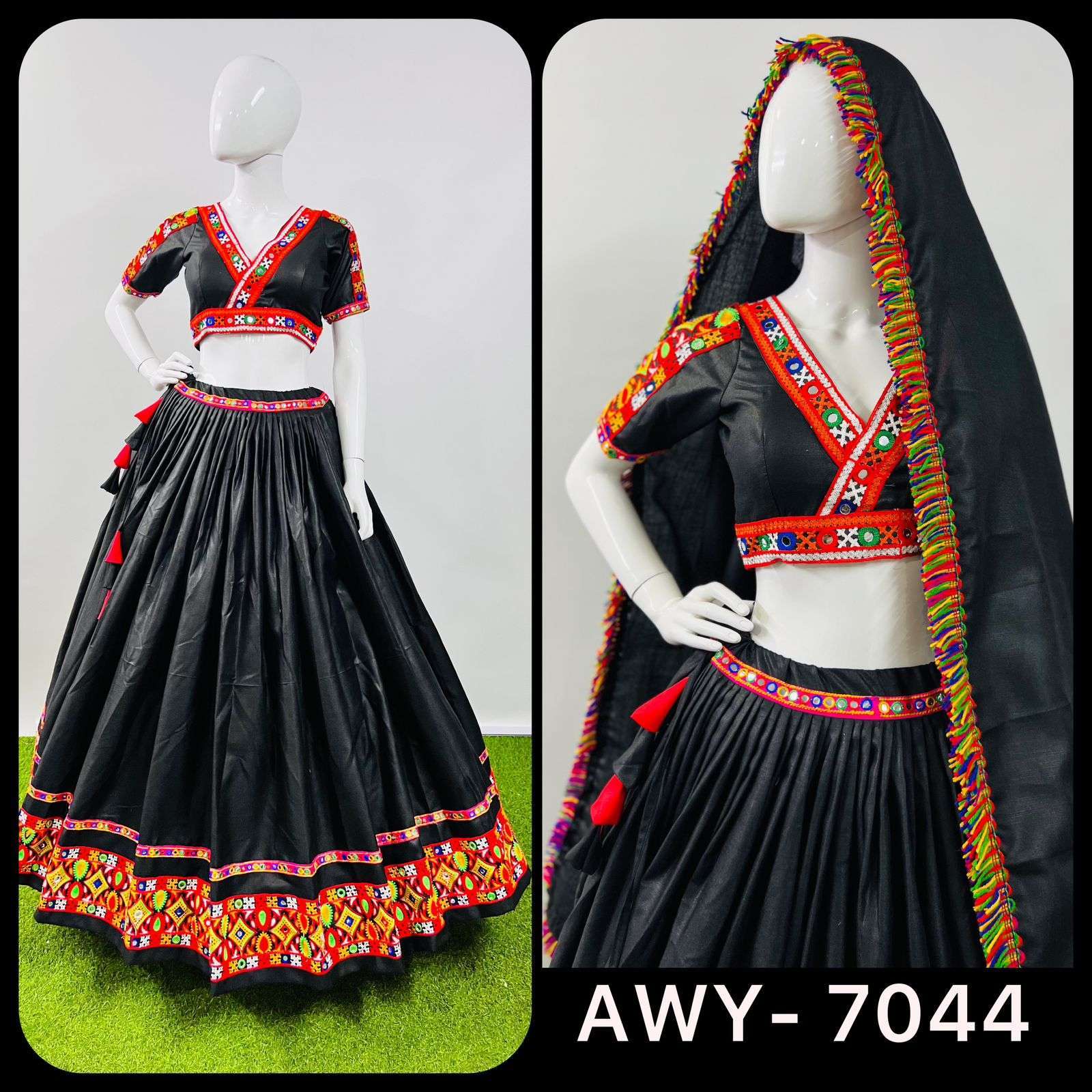 aawiya 7044 black color gamthi lace work navratri readymade single lehenga choli 