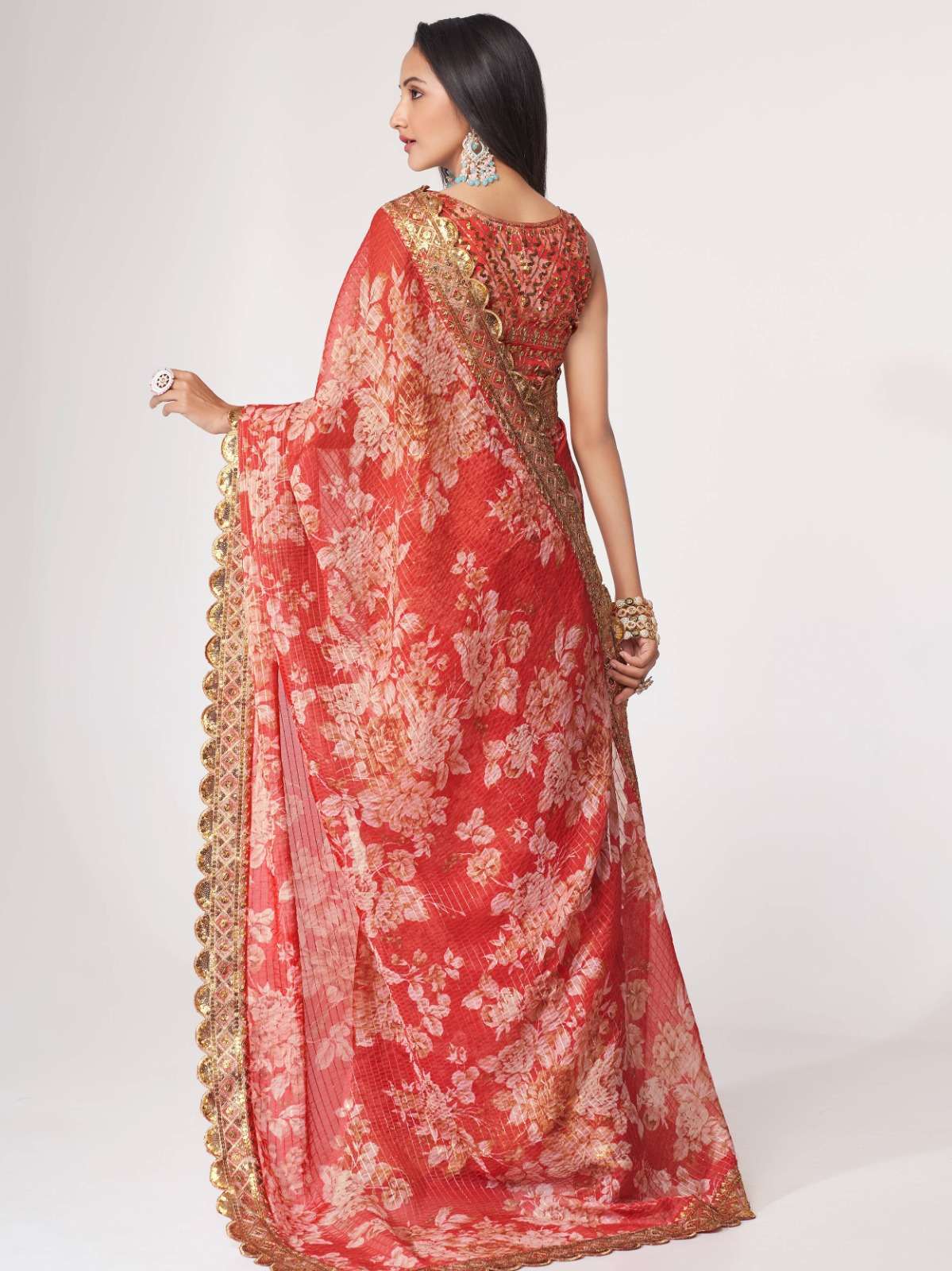 pr 1107 fancy organza digital print red color single saree