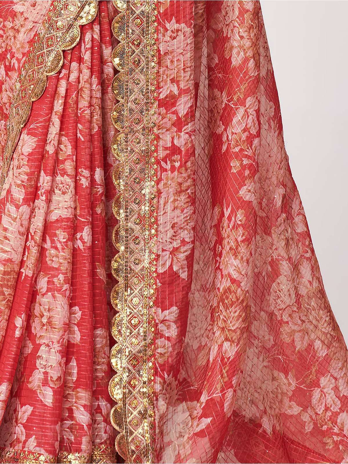 pr 1107 fancy organza digital print red color single saree