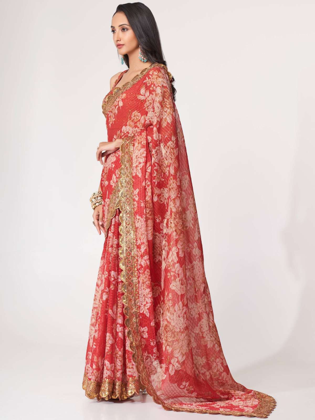 pr 1107 fancy organza digital print red color single saree
