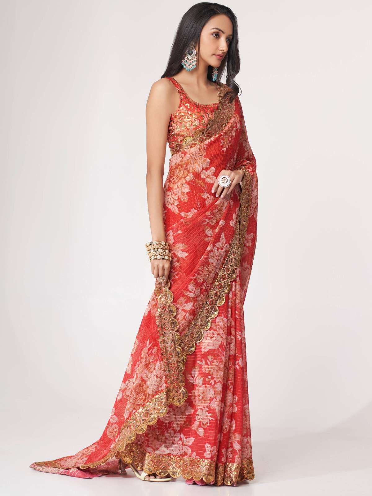 pr 1107 fancy organza digital print red color single saree