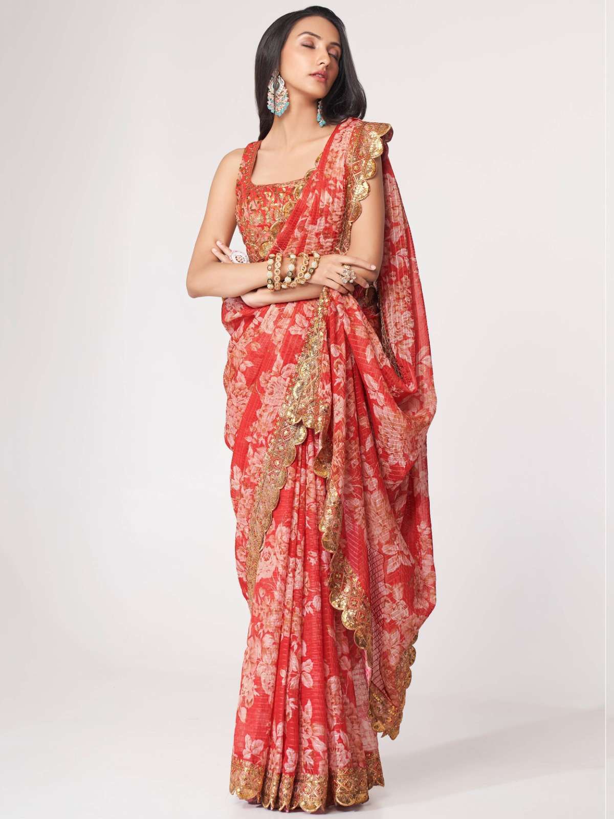 pr 1107 fancy organza digital print red color single saree