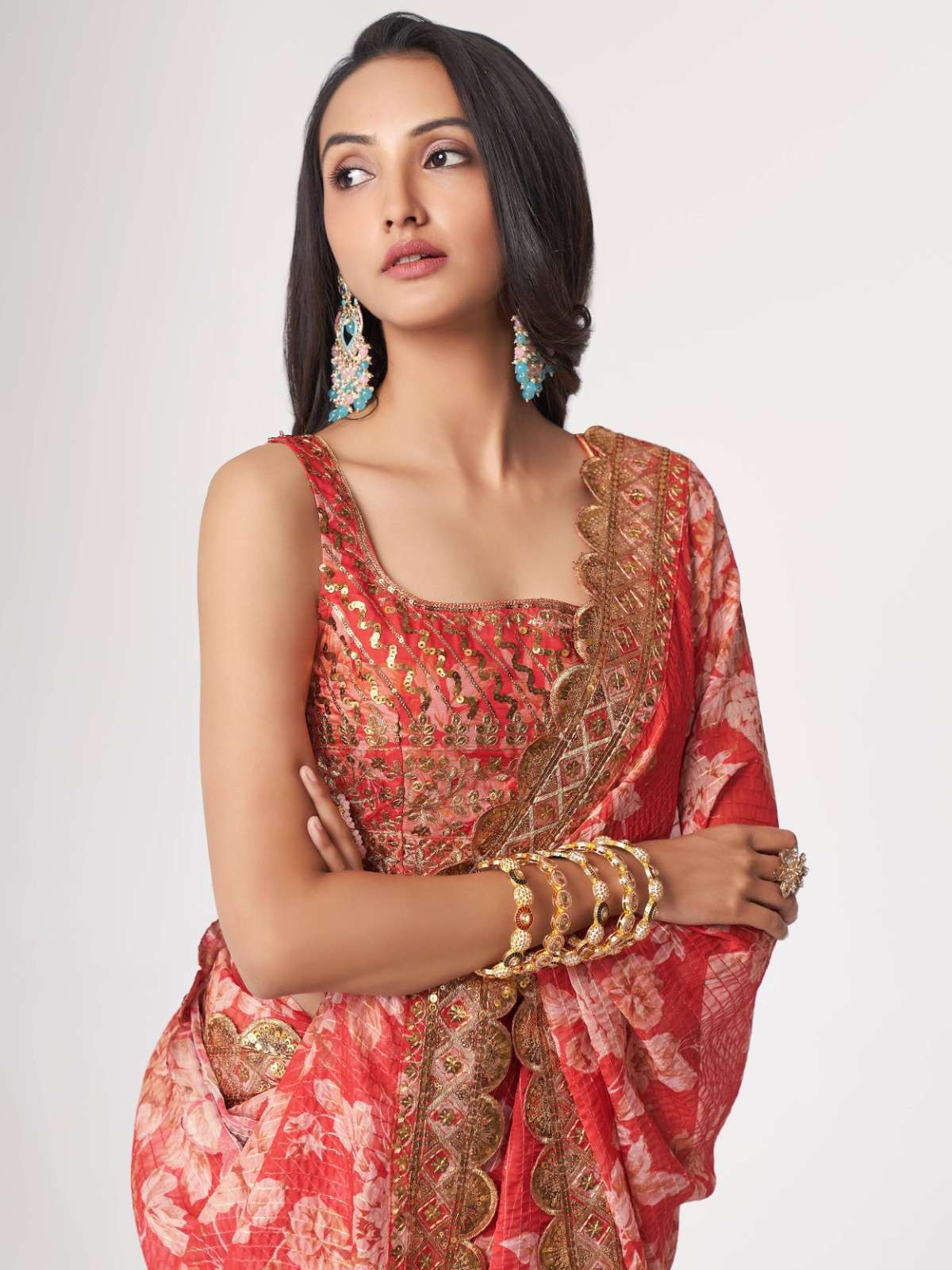 pr 1107 fancy organza digital print red color single saree