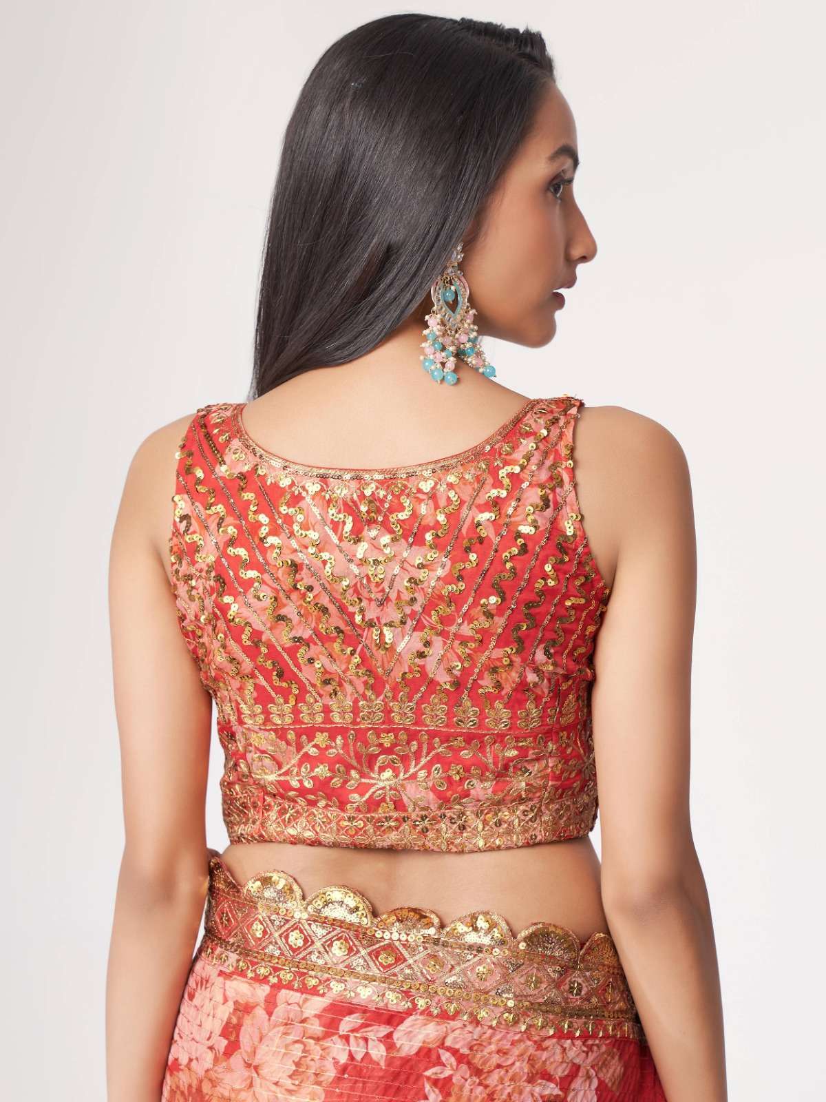 pr 1107 fancy organza digital print red color single saree