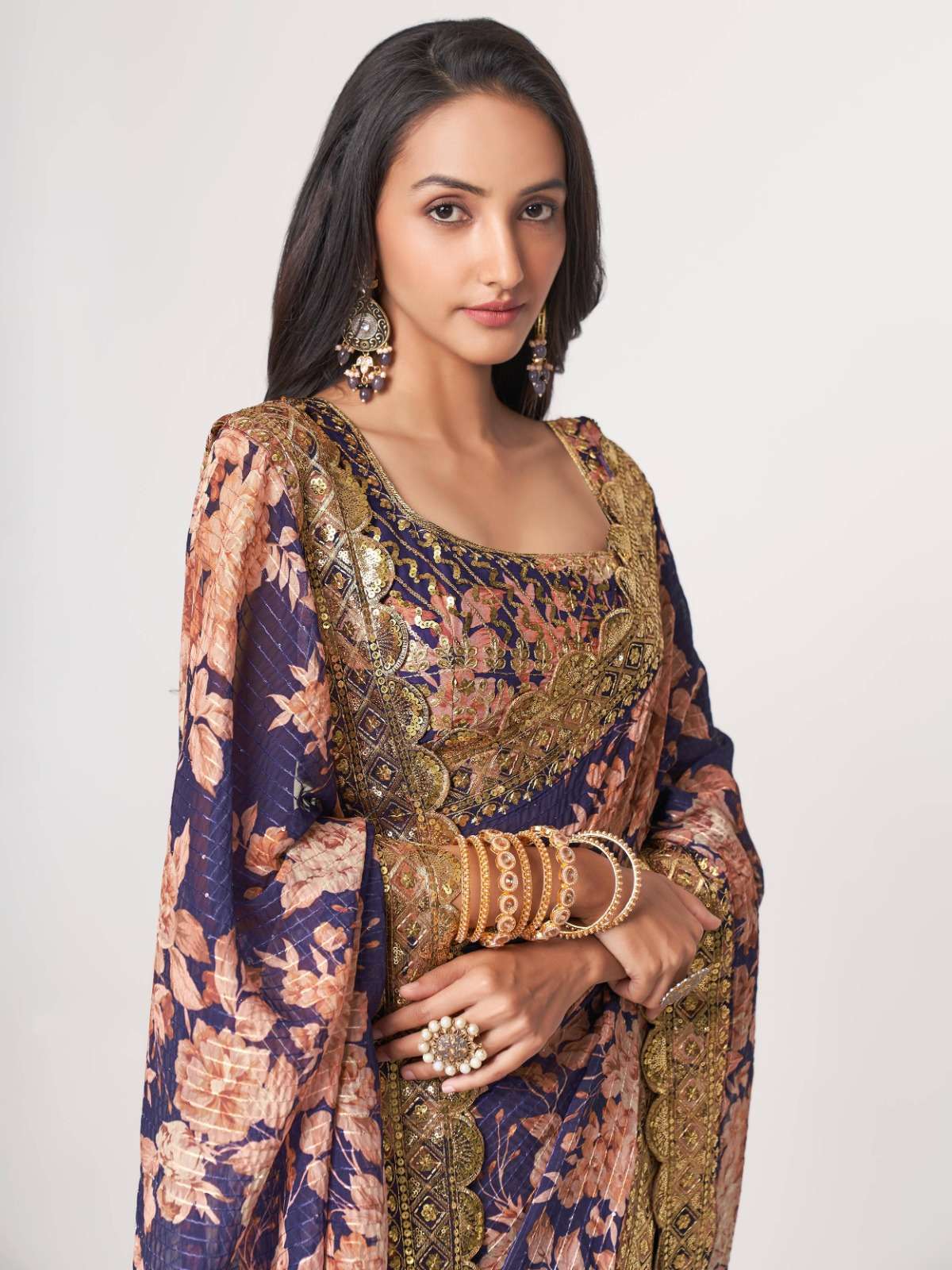 pr 1108 fancy floral printed purple color organza saree