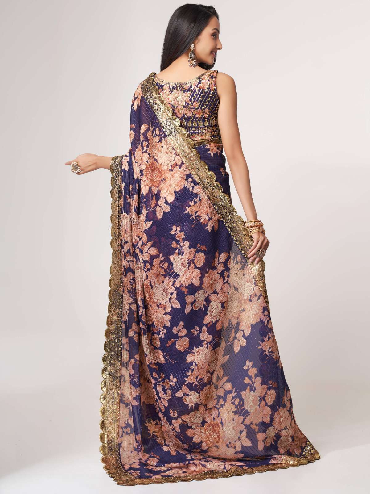 pr 1108 fancy floral printed purple color organza saree
