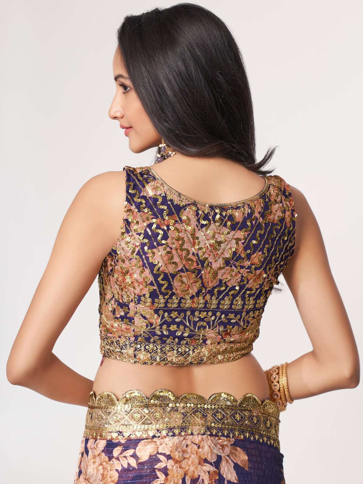 pr 1108 fancy floral printed purple color organza saree