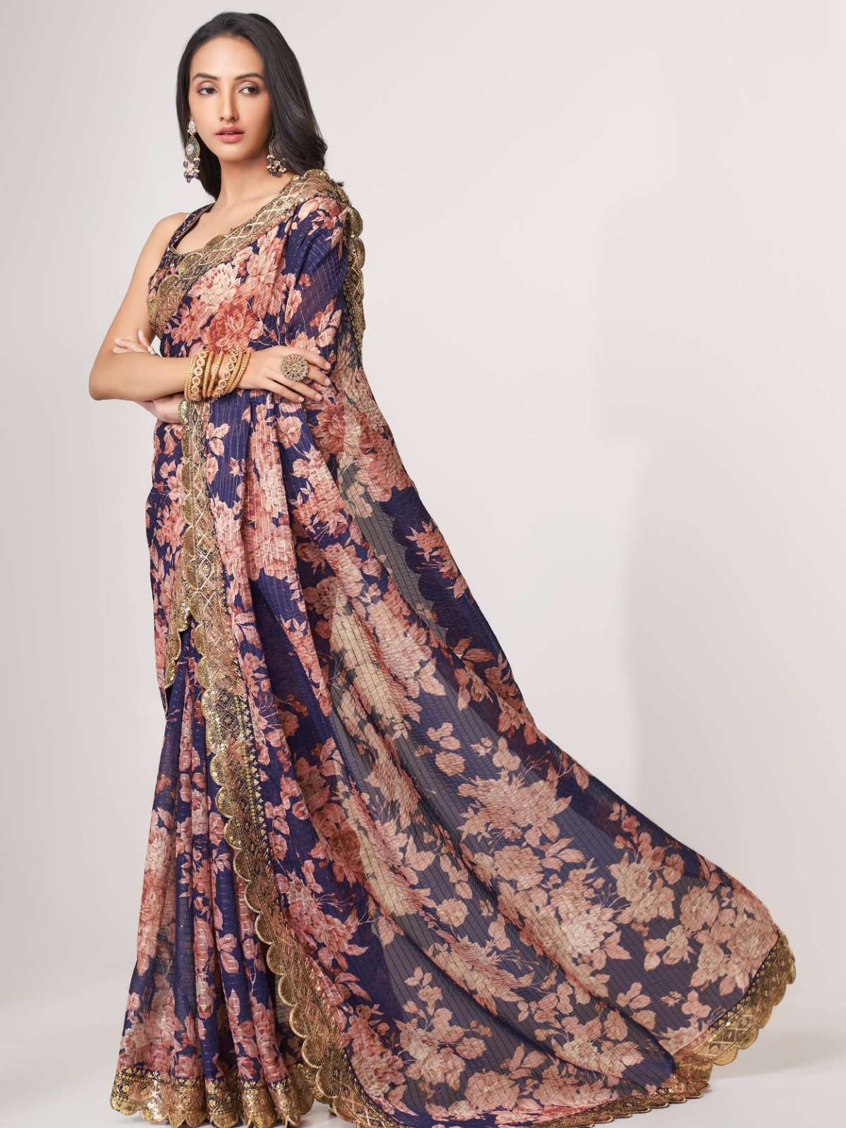 pr 1108 fancy floral printed purple color organza saree