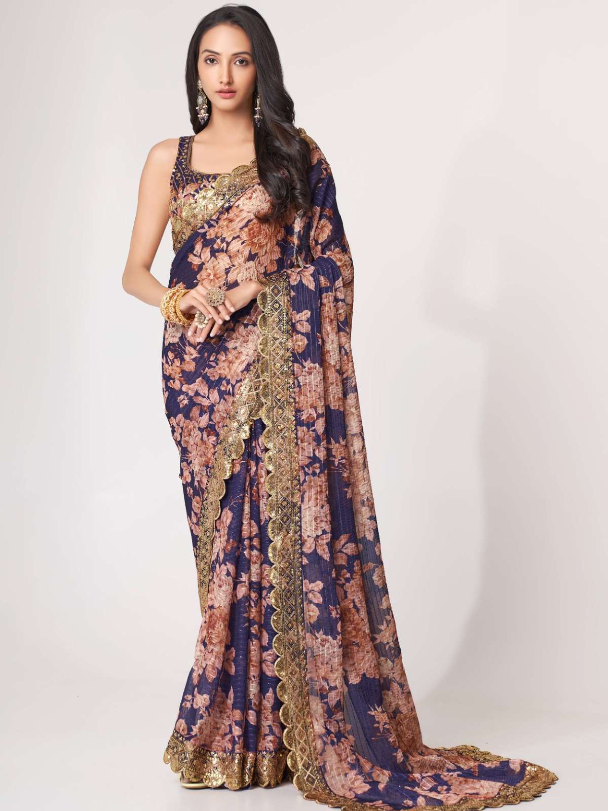 pr 1108 fancy floral printed purple color organza saree