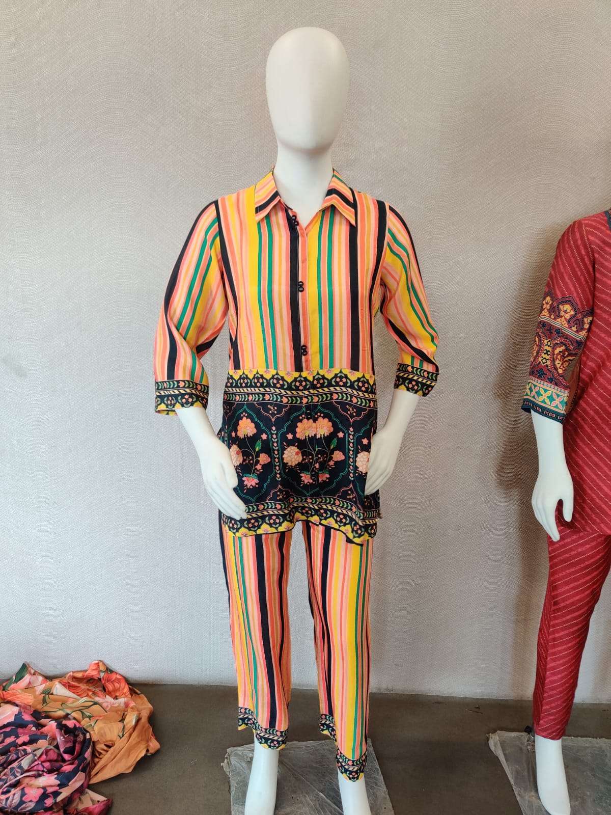 psyna 2289 fancy cord set muslin print open front tunic with pant 