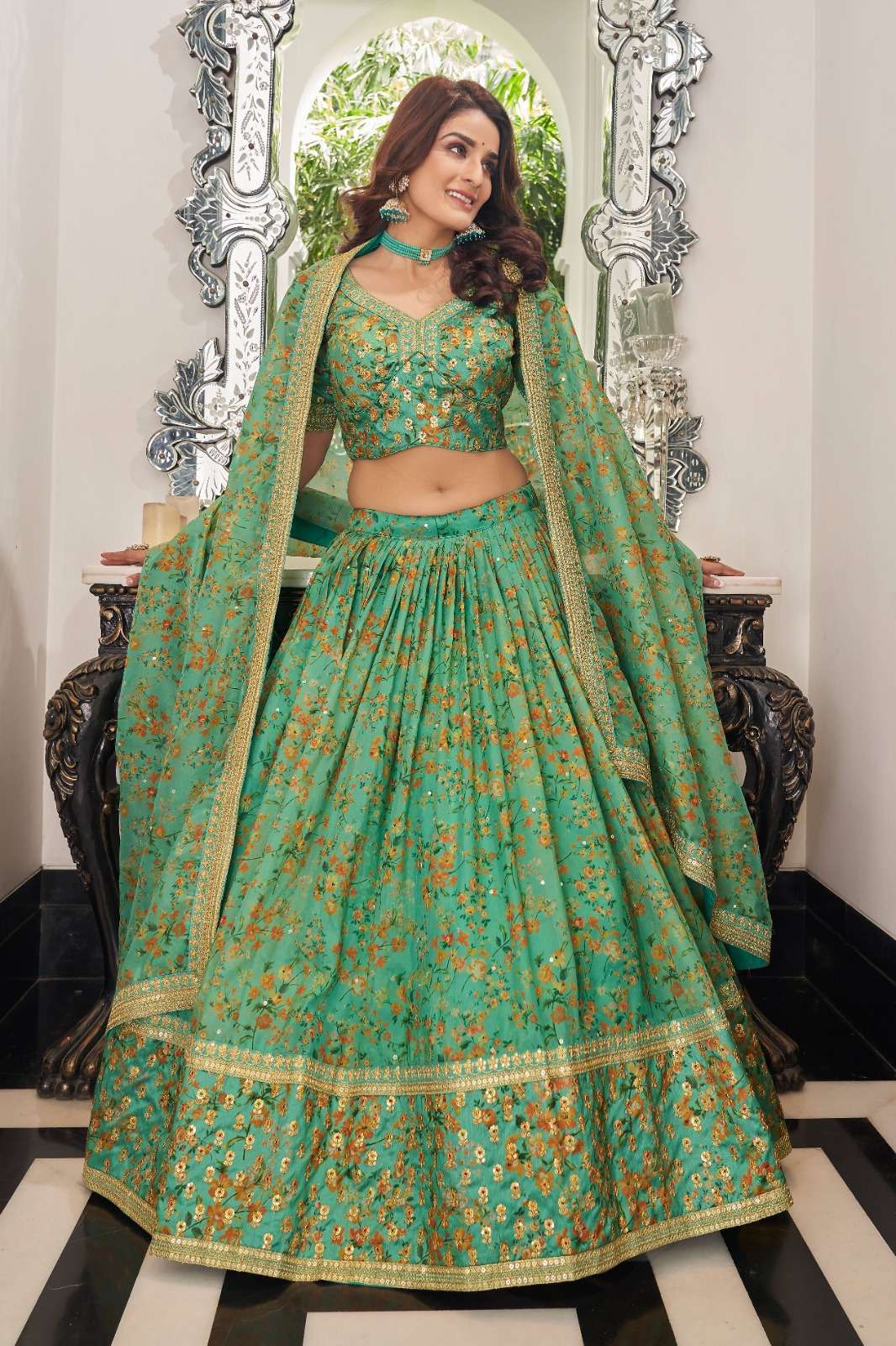 zeel 7423 Organza Zari Embroidery Work with Floral Print lehenga