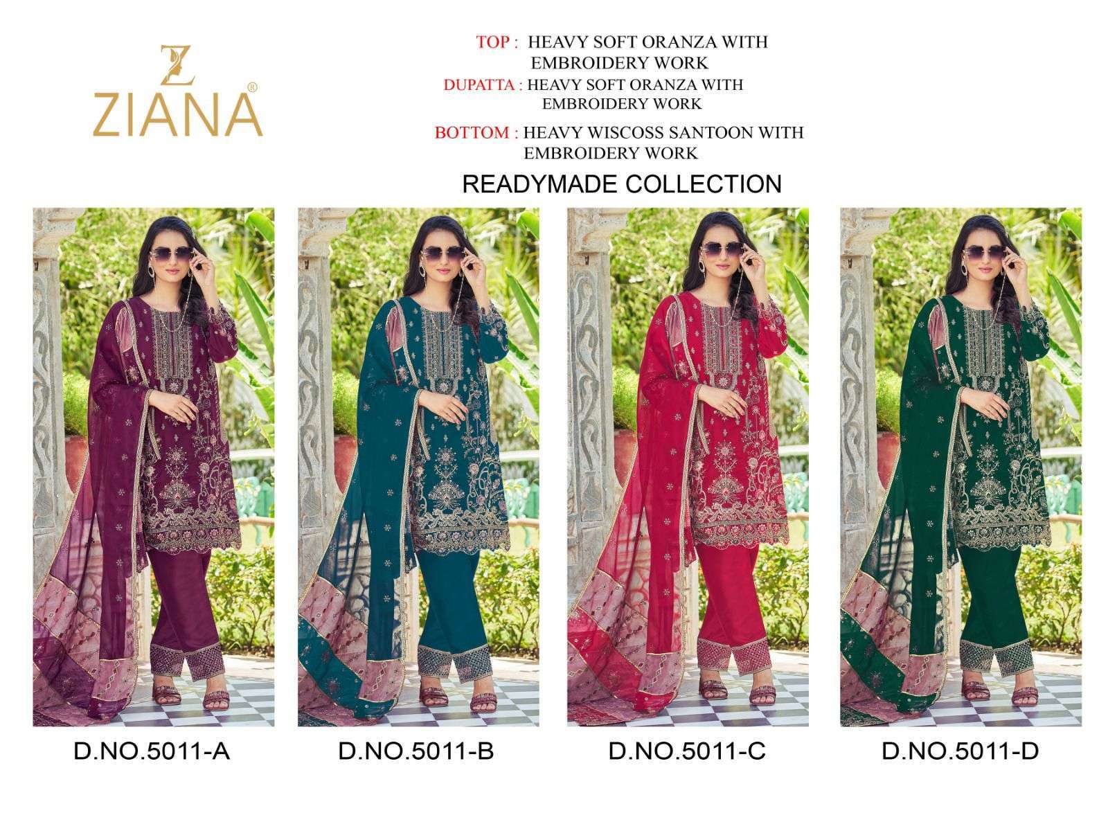 ziana 5011 colors Soft organza readymade suit