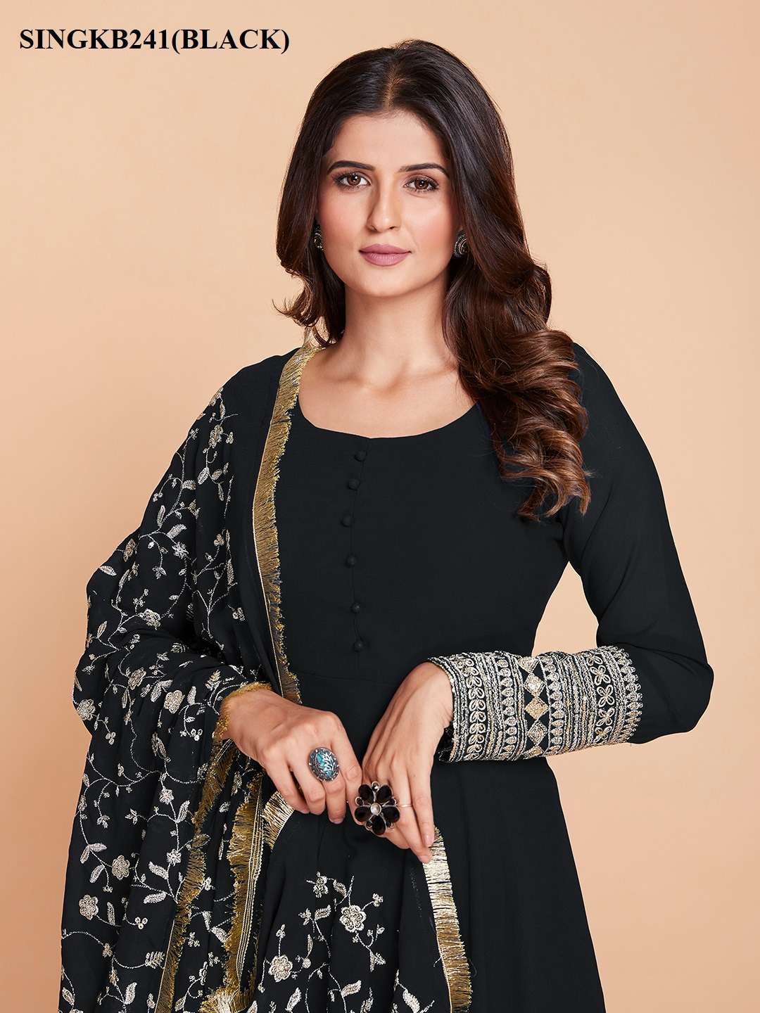arya designs singkb241black color faux georgette suit 