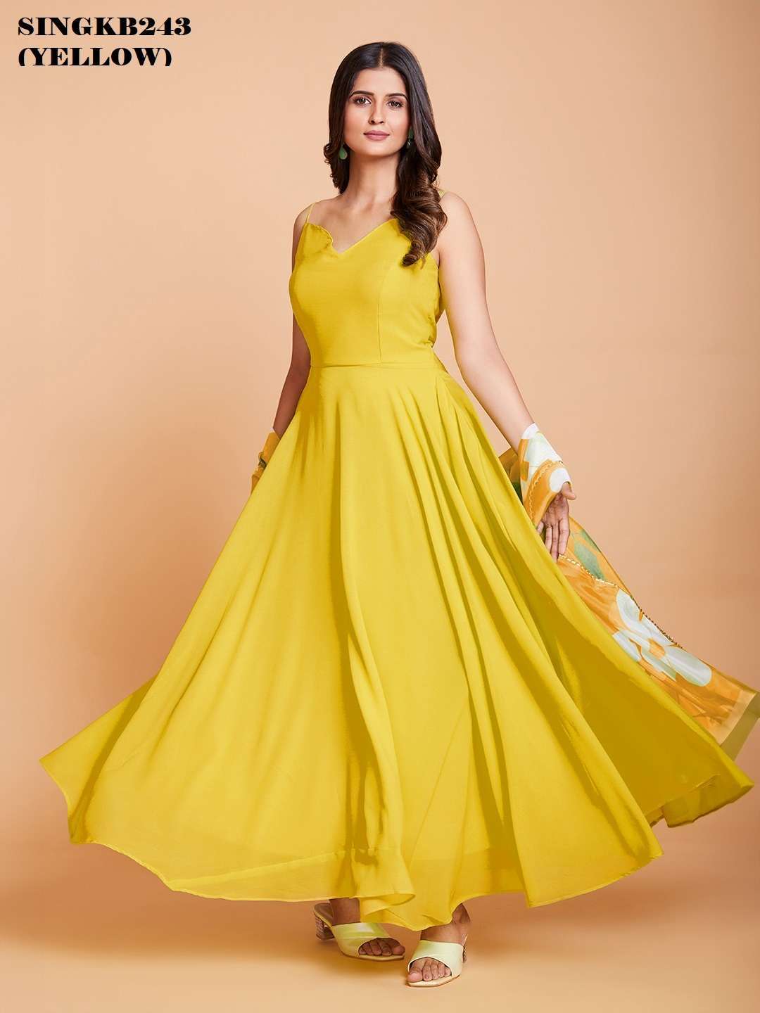 arya singkb243 yellow color fancy long gown with dupatta 