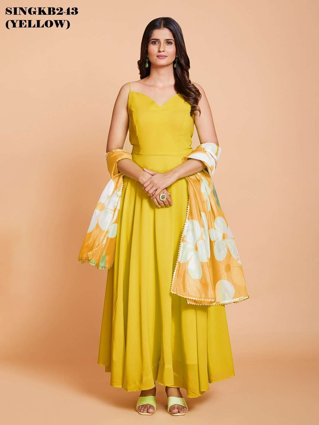 arya singkb243 yellow color fancy long gown with dupatta 