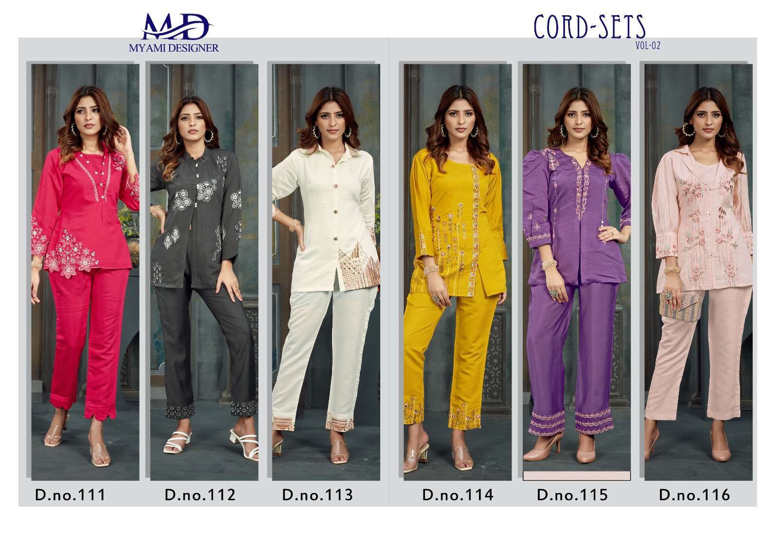 myami cord sets vol 2 series 111-116 pv viskos with embroidery work kurti