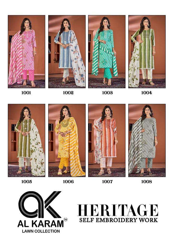 Al Karam Heritage Self Embroidery Work series 1001-1008 cotton suit 