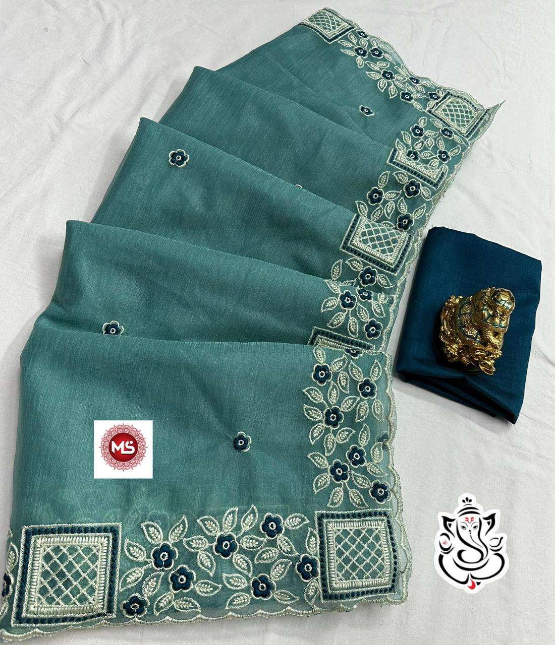 ms brand Orgenza simmer fully thread  c.Pallu embroidery work saree