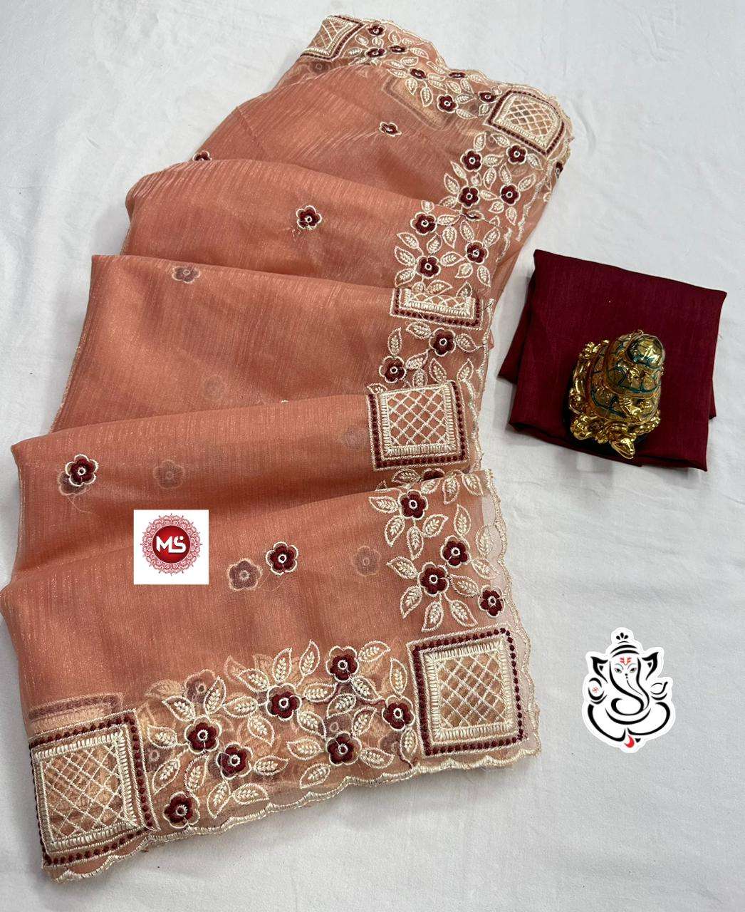 ms brand Orgenza simmer fully thread  c.Pallu embroidery work saree