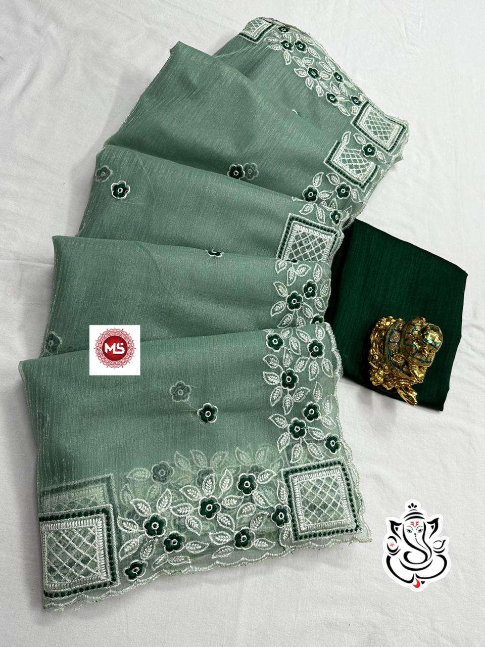ms brand Orgenza simmer fully thread  c.Pallu embroidery work saree