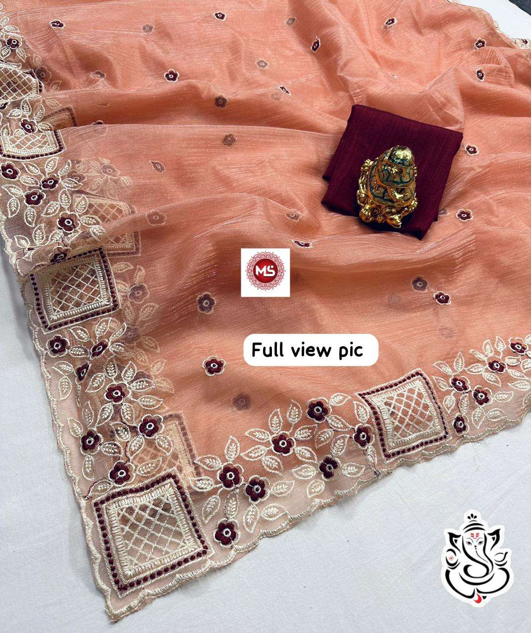 ms brand Orgenza simmer fully thread  c.Pallu embroidery work saree