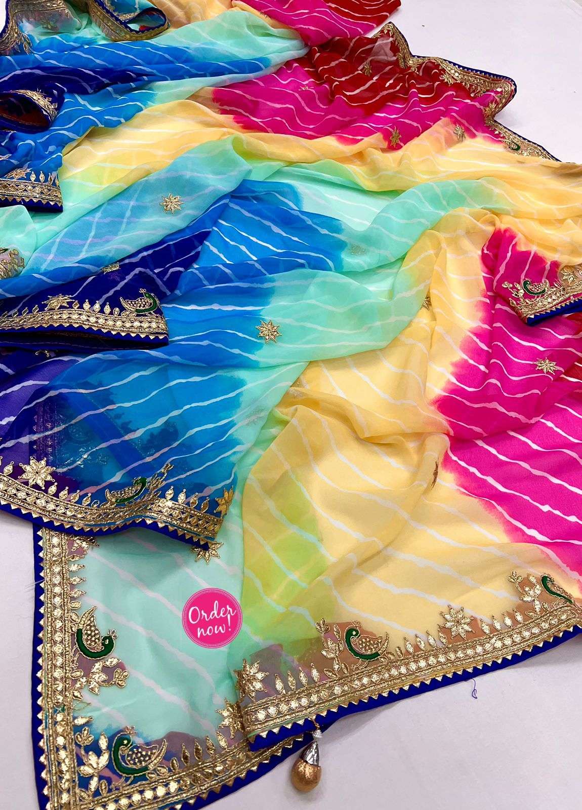 Pachrangi Pure ojariya chinon bandhej Gotapatti Saree with Blouse, rg at Rs  8999.00 | Subhash Chowk | Sikar| ID: 2853033457530