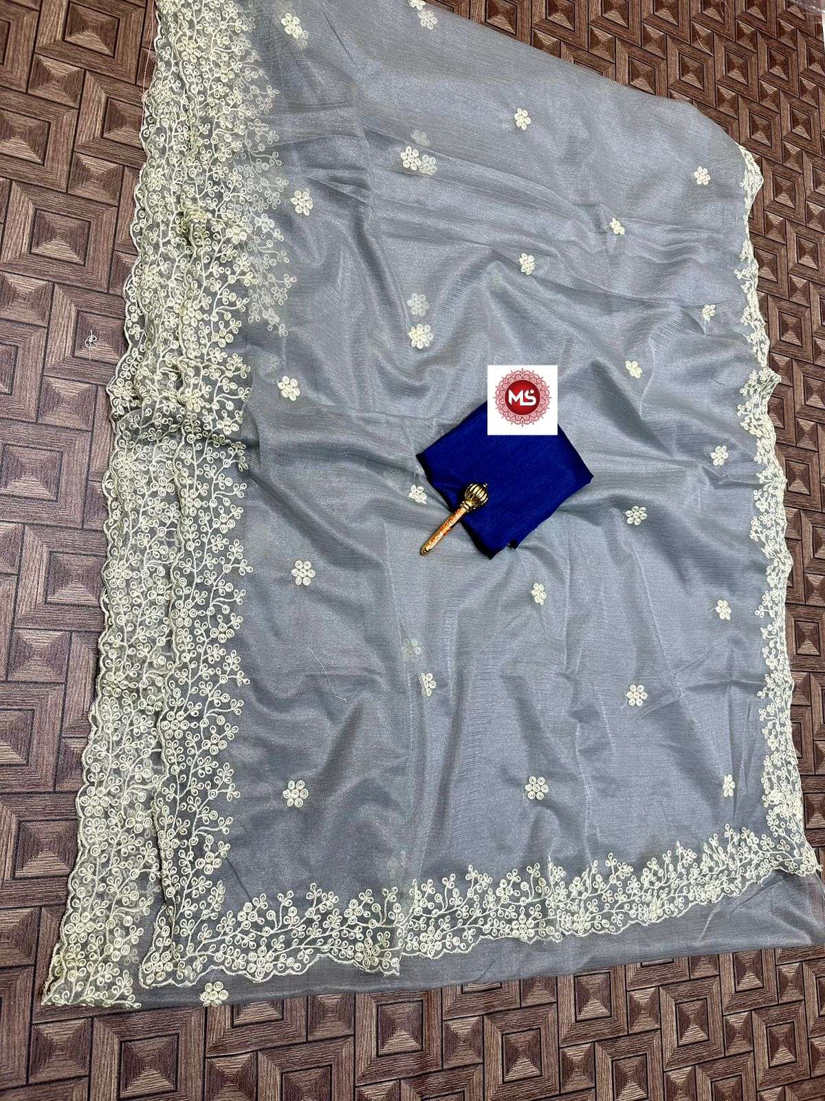 ms brand simmer designer organza simmer fully cream thread work saree