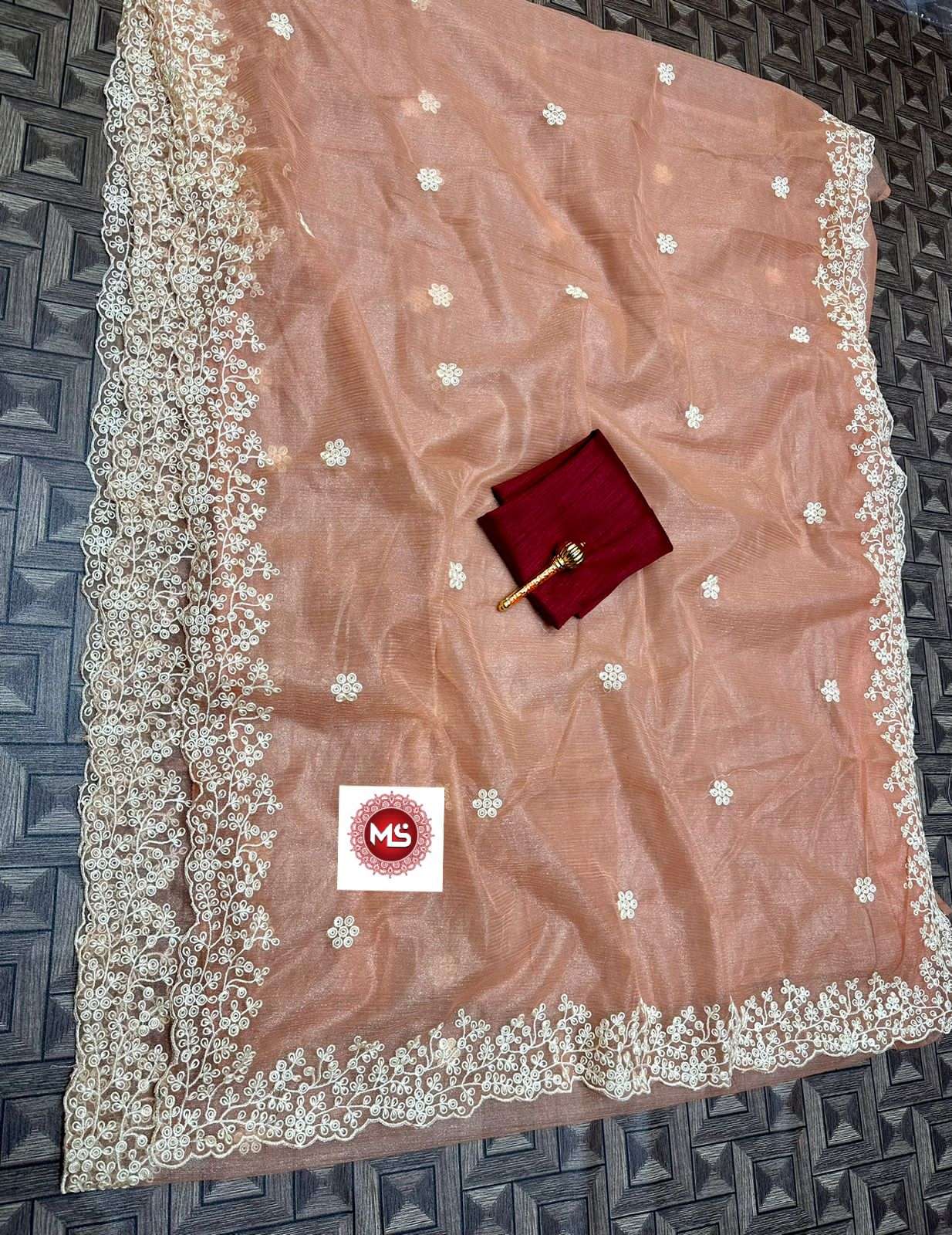 ms brand simmer designer organza simmer fully cream thread work saree