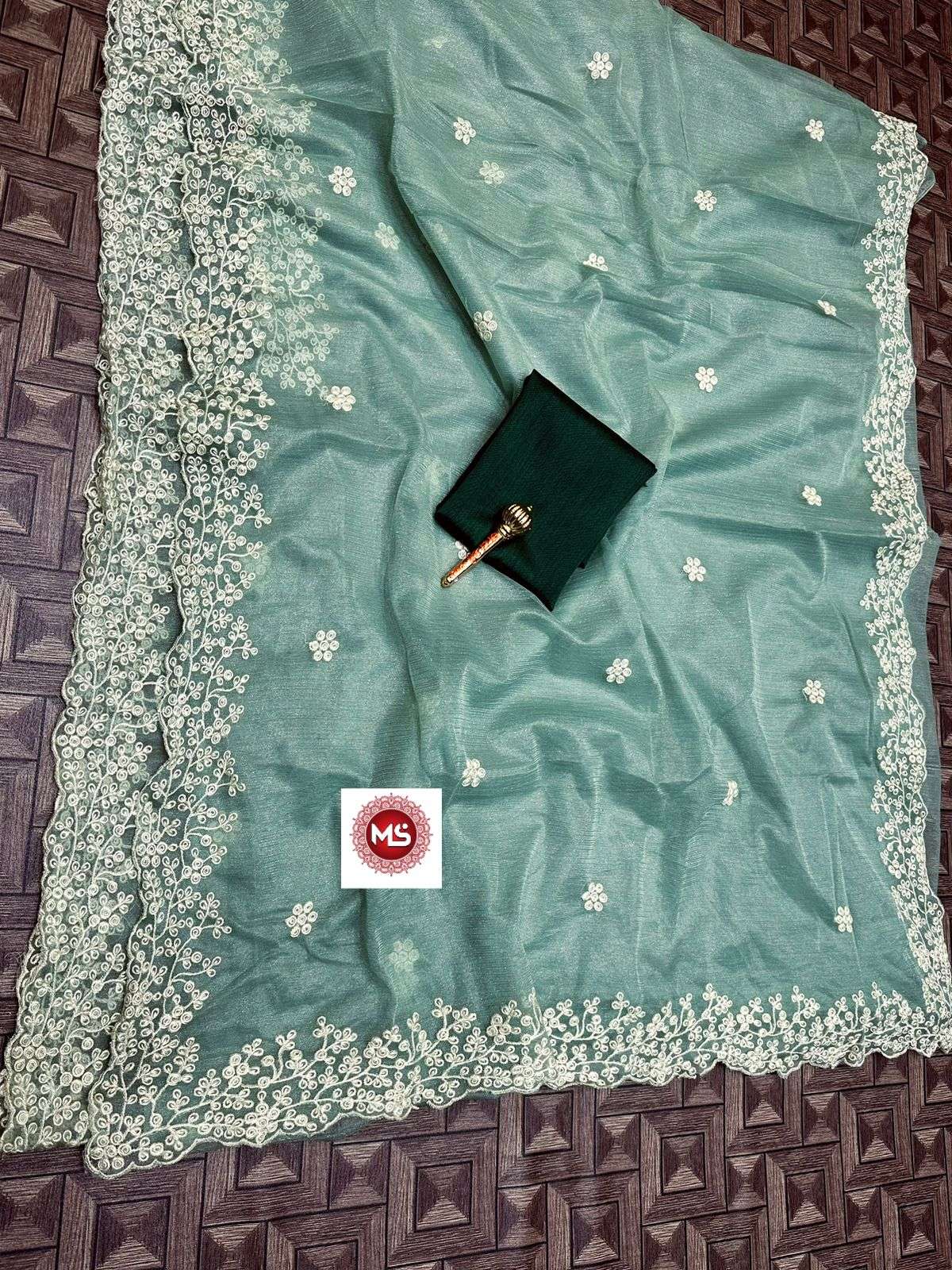 ms brand simmer designer organza simmer fully cream thread work saree