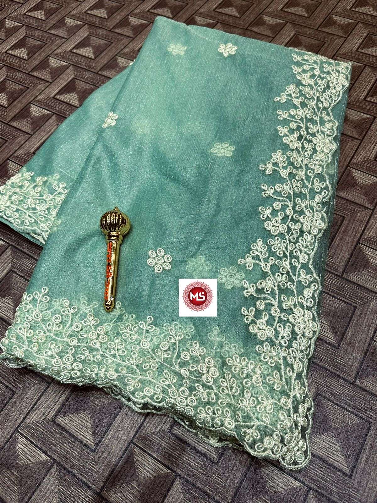 ms brand simmer designer organza simmer fully cream thread work saree