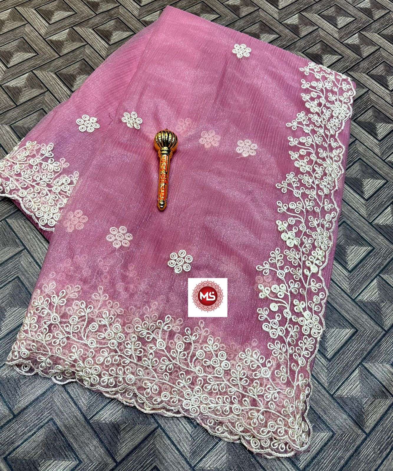 ms brand simmer designer organza simmer fully cream thread work saree