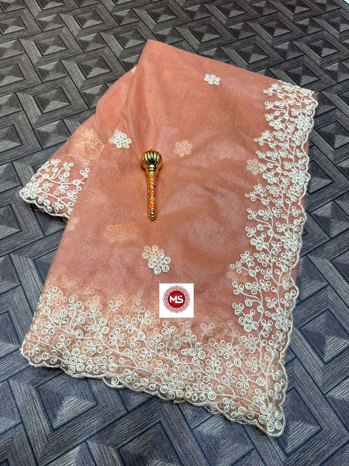 ms brand simmer designer organza simmer fully cream thread work saree