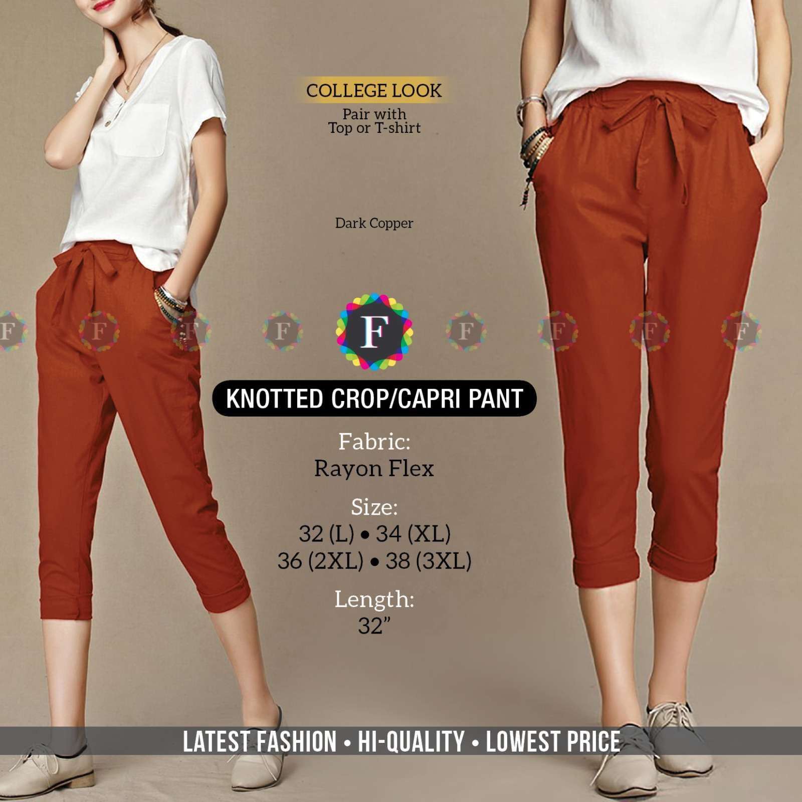 F For Fashion Latest Designer Knotted Capri Casual Look Crop