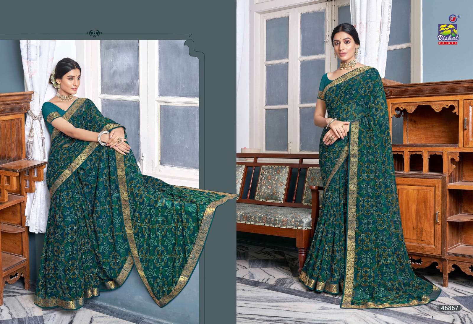 Dark Blue Brasso Saree With Foil Print And Zari Border - Vishal Prints -  3968263