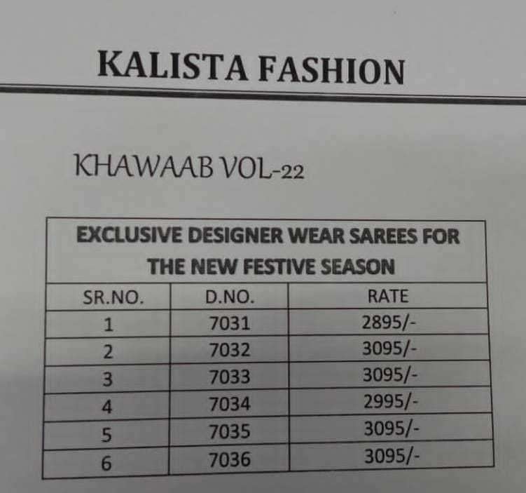 kalista fashions khwaab vol 22 series 7031-7036 Satin Organza saree