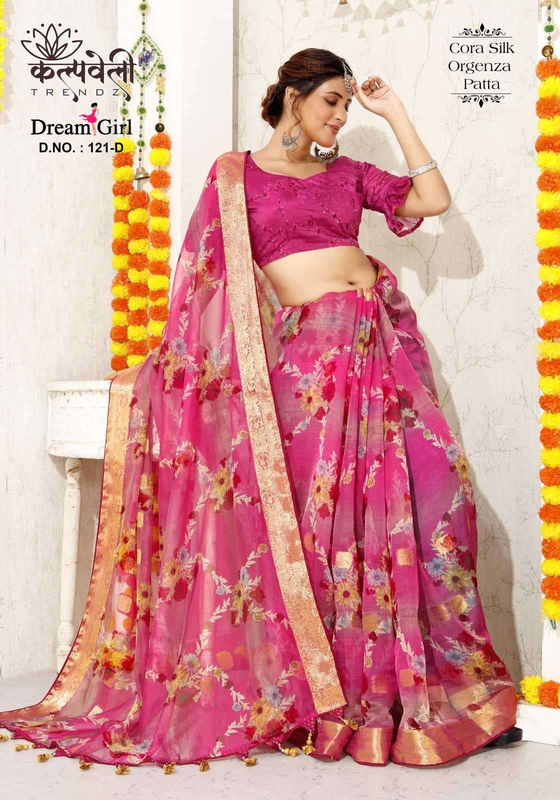 kalpavelly trendz dream girl 121 cora silk orgenza patta saree